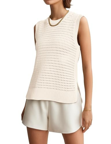 Ymejia Womens Sleeveless Sweater Vest Crochet Round Neck Side Split Casual Pullover Hollow Out Knit Tank Tops Beige | Amazon (US)