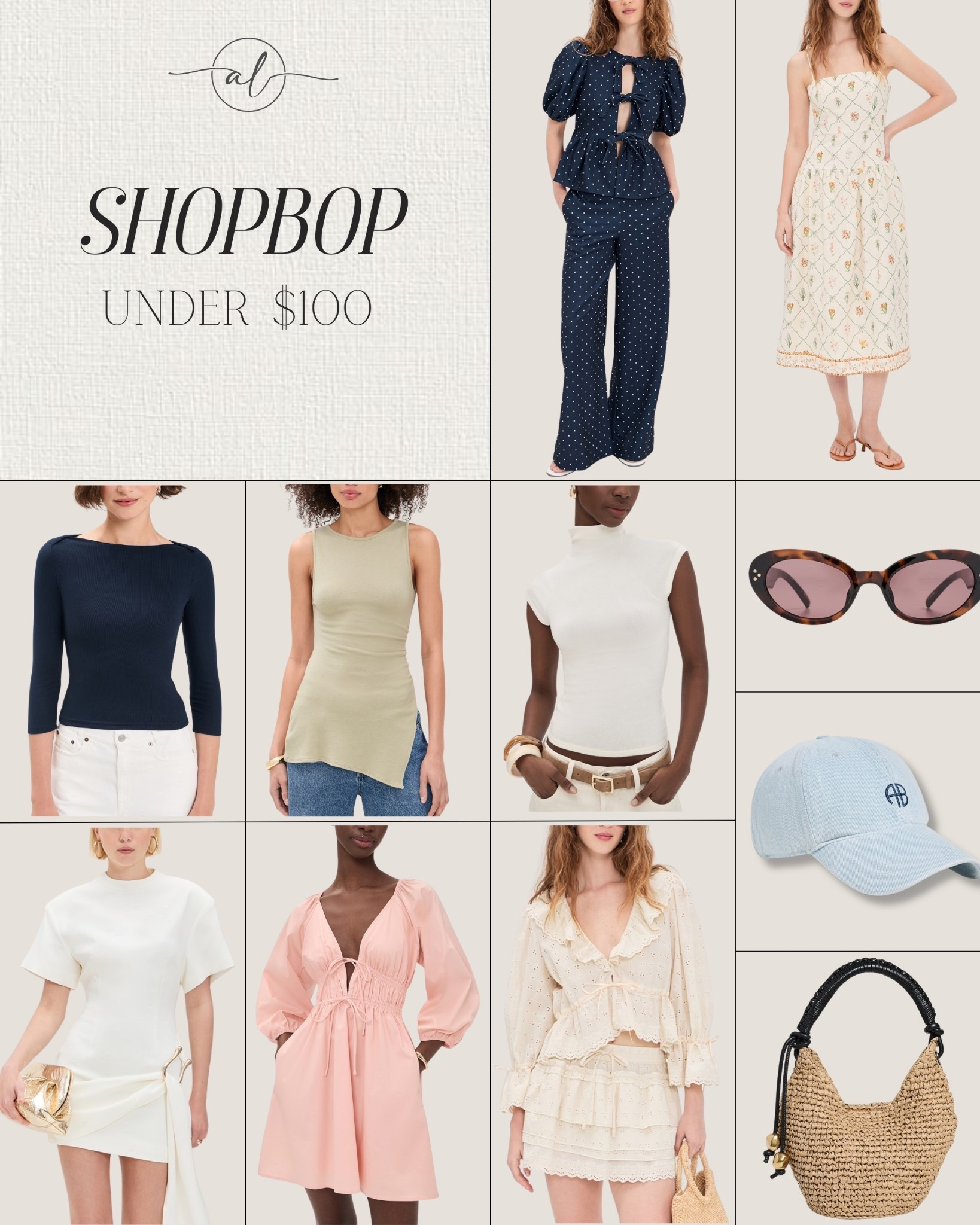 Shopbop under $100 
Spring outfits that I’m loving. Tops, dresses, sets, bags, hats, and sunglasses 

#LTKU #LTKootd #LTKSeasonal