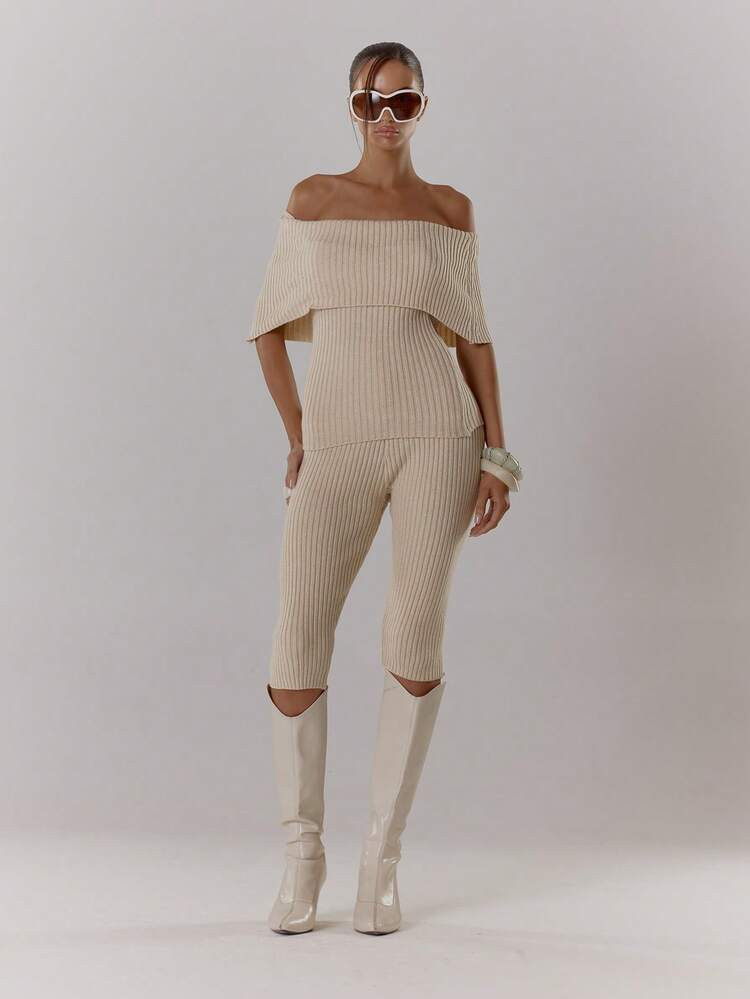 MUSERA Off The Shoulder Extreme Fold Over Fitted Rib Knit Top Capri Leggings Set Co-Ord Fall Autum Winter Streetwear Cool Girl Y2K Everyday Casual Sepia | SHEIN