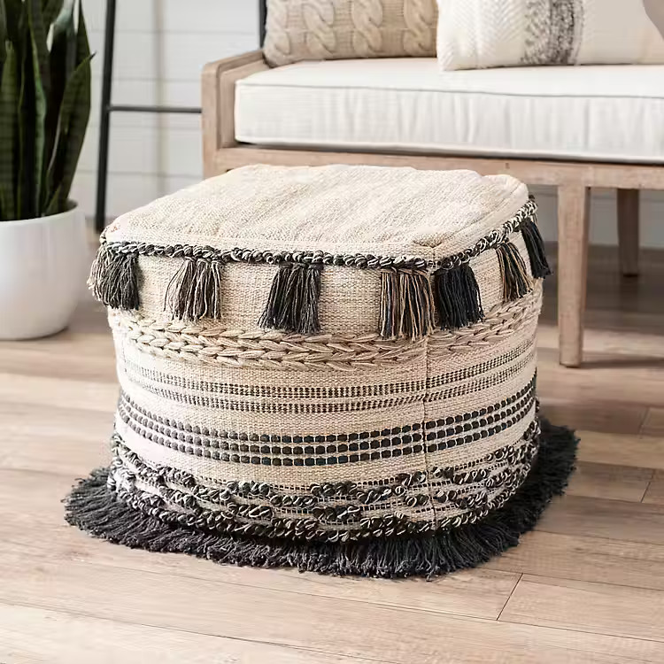 Tan and Gray Fringe Border Poof | Kirkland's Home