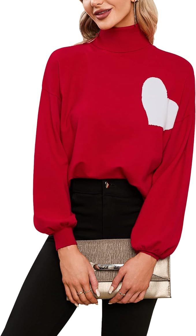 EXLURA Women's Heart Tops Turtleneck Pullover Knit Long Puff Sleeve Cute Casual Trendy Jumper Swe... | Amazon (US)