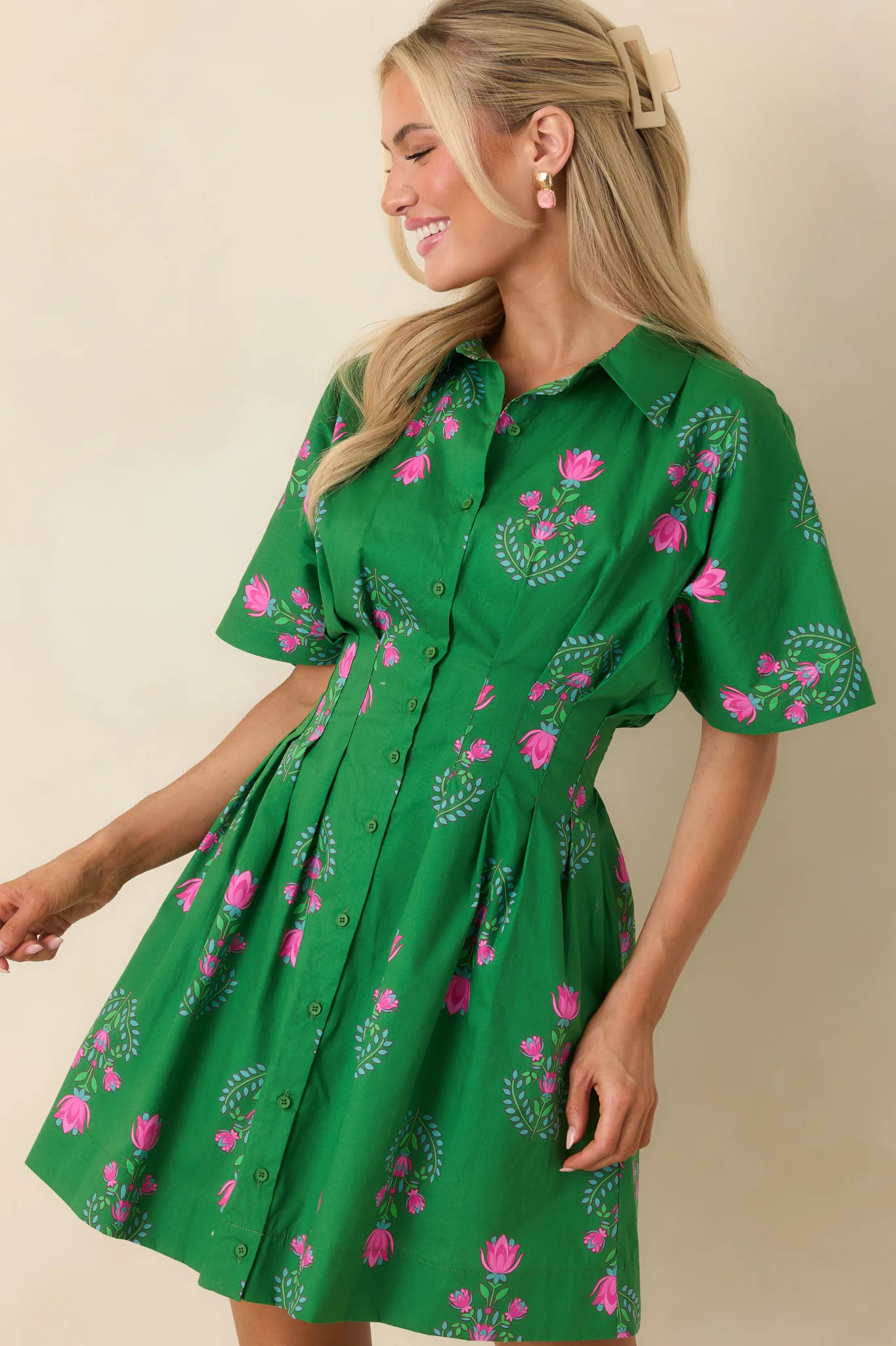No Timeline Green & Pink Floral Cotton Pleated Mini Shirt Dress | Red Dress