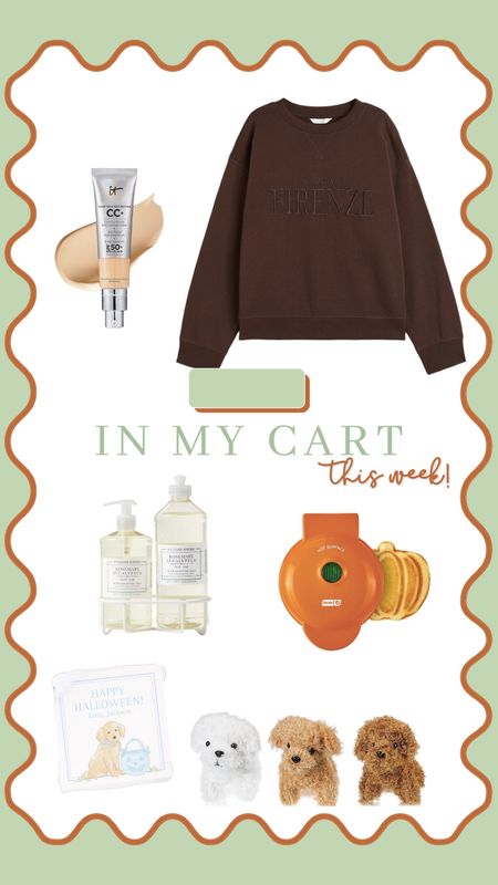In my cart this week - It Cosmetics CC cream, H&M crewneck, Williams Sonoma hand and dish soap set, pumpkin waffle maker, baby boy puppy Halloween gifts and tags for classmates 

#LTKfamily #LTKSeasonal #LTKHalloween