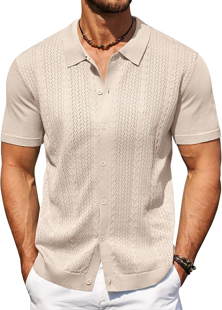 COOFANDY Mens Knit Polo Shirts Short Sleeve Button Down Shirts Casual Crochet Shirt Summer Vintag... | Amazon (US)