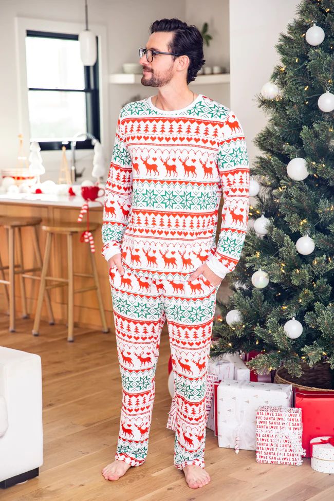 Mens Santa Tell Me Red And Ivory Christmas Print Pajama Joggers | Pink Lily