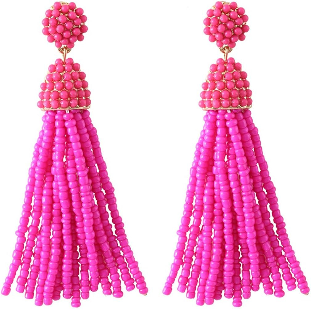 NLCAC Women's Beaded tassel earrings Long Fringe Drop Earrings Dangle 6 Colors | Amazon (US)