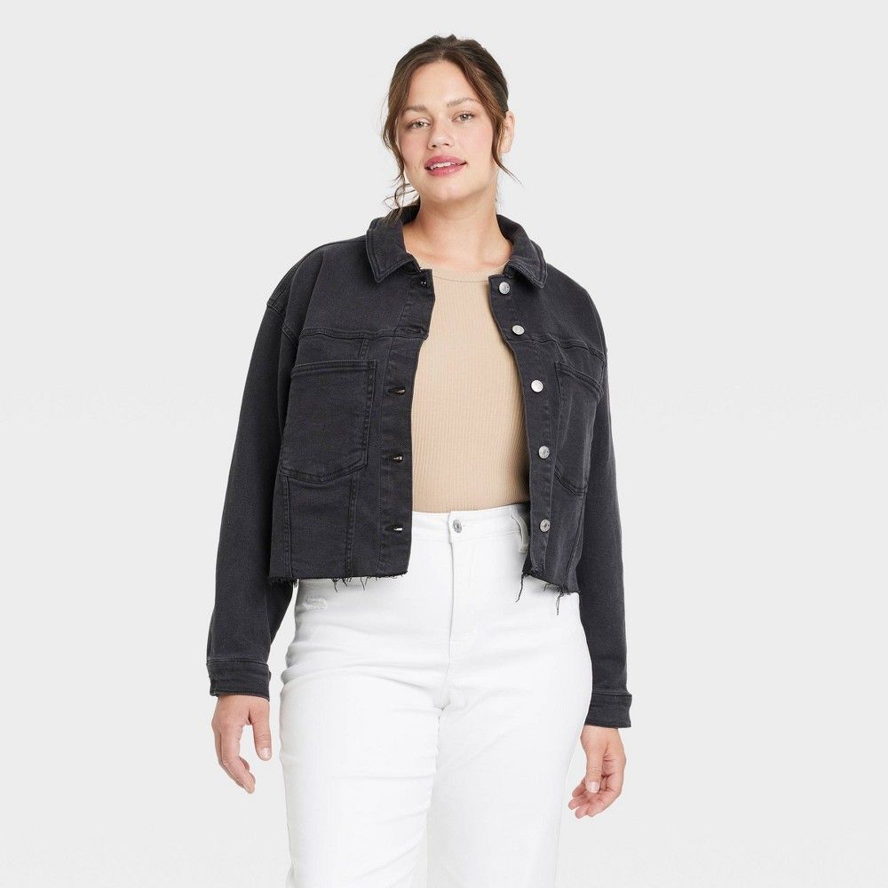 Women's Plus Size Cropped Denim Jacket - Ava & Viv Black Denim 4X | Target