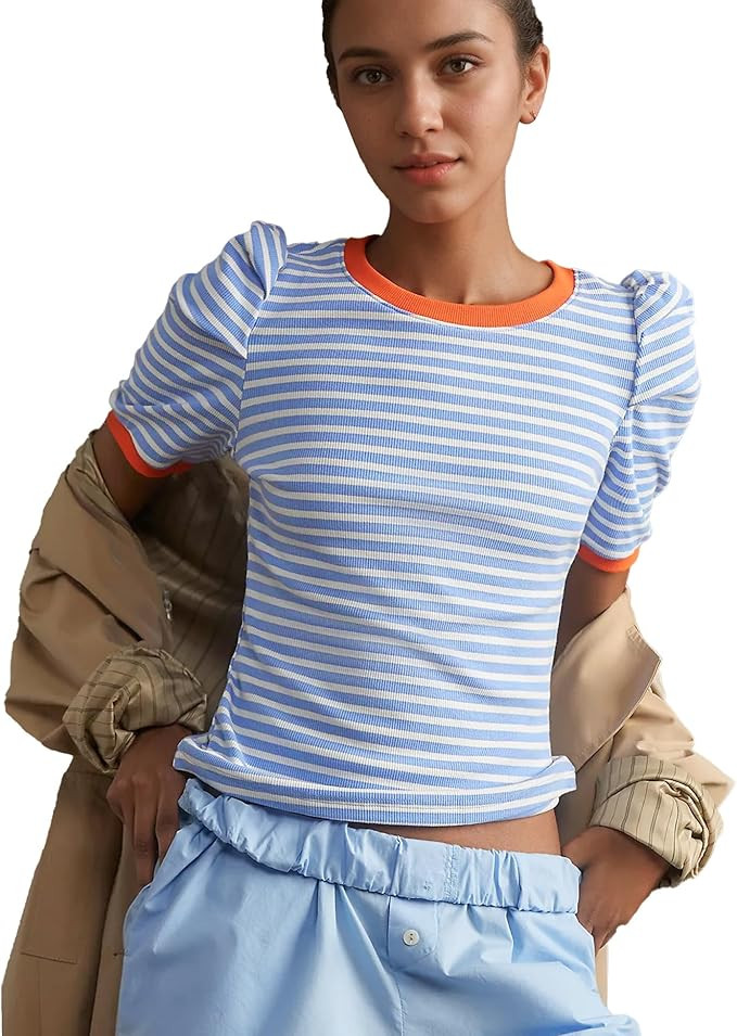 Womens Tops Short Puff Sleeve Striped Workout T Shirts Summer Casual Slim Fit Outfits Clothes Dre... | Amazon (US)