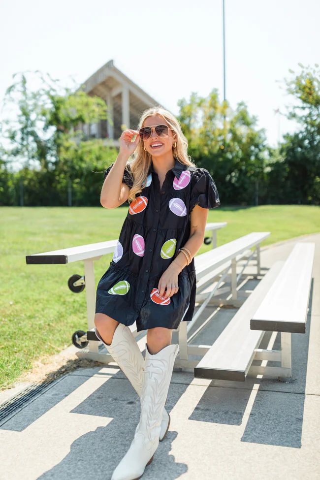 Under Stadium Lights Black Multi Color Patch Football Dress | Pink Lily