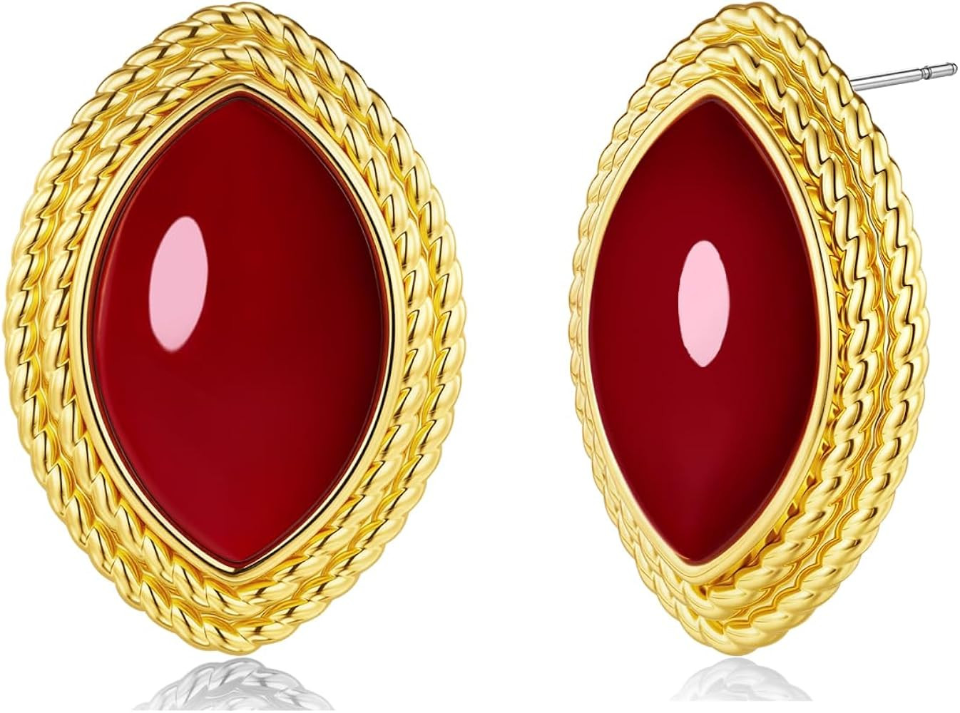18K Gold Plated Maroon Red Carnelian Wine Round Oval Ribbed Button Long Dangle Chunky Statement E... | Amazon (US)
