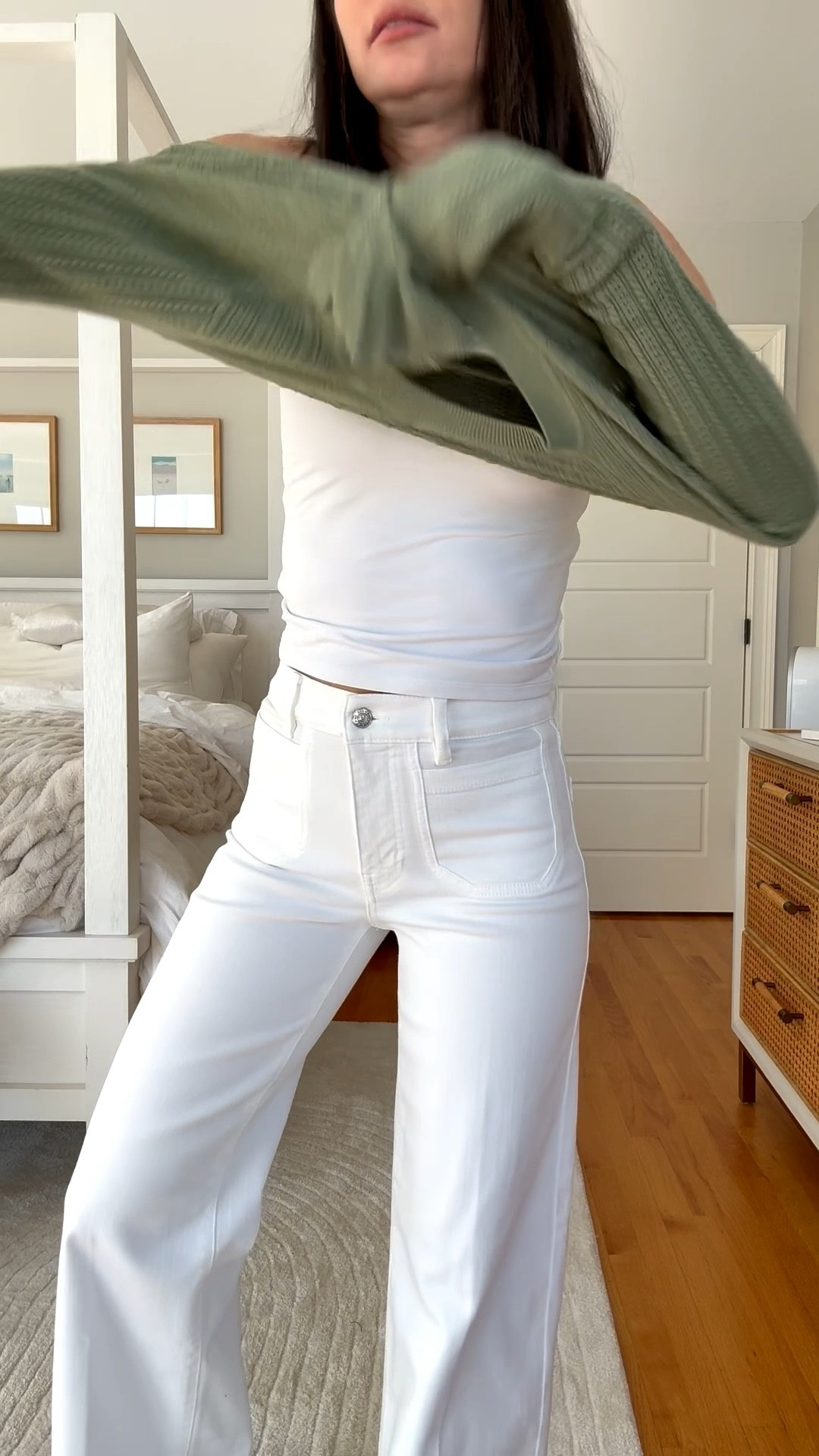 Outfit on repeat. These white jeans are a must and honestly/ you can wear them year round ! Love the ruffle details on this sweater too. Got my regular size in everything! 



#LTKdayinmylife #LTKgrwm #LTKootd
