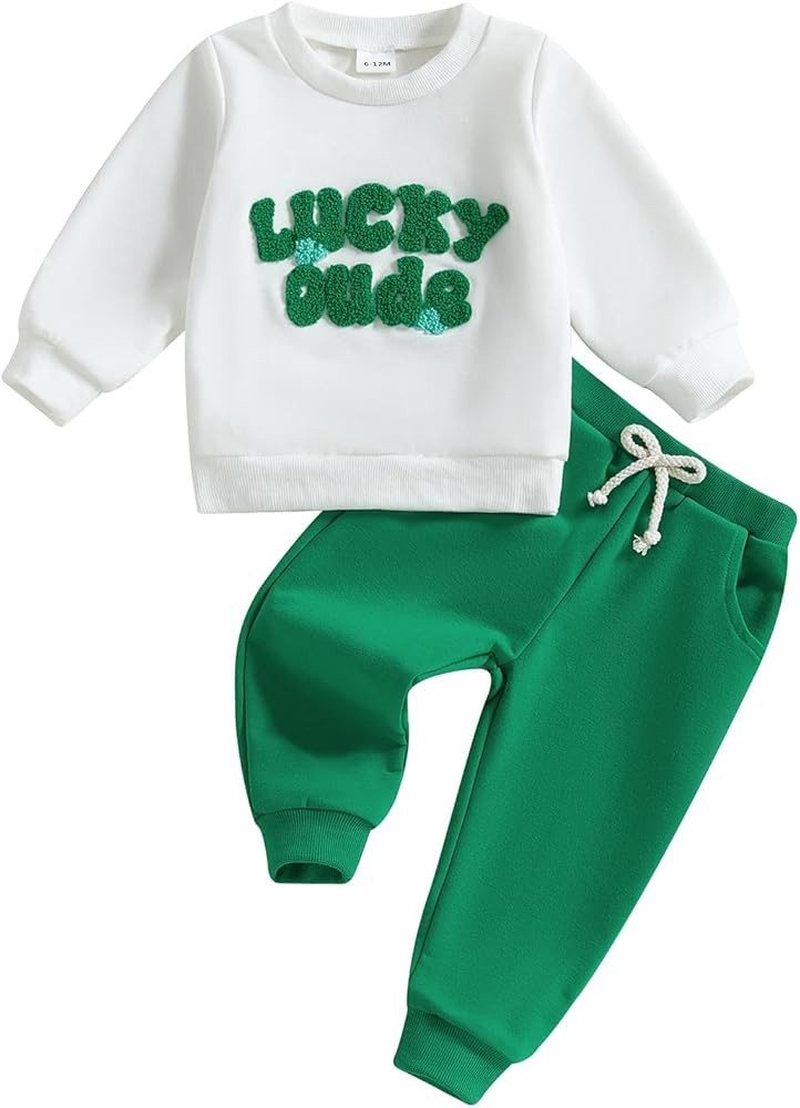Toddler St Patricks Day Baby Boy Outfit Lucky Letter Long Sleeve Sweatshirt Jogger Pants Set Cute... | Amazon (US)