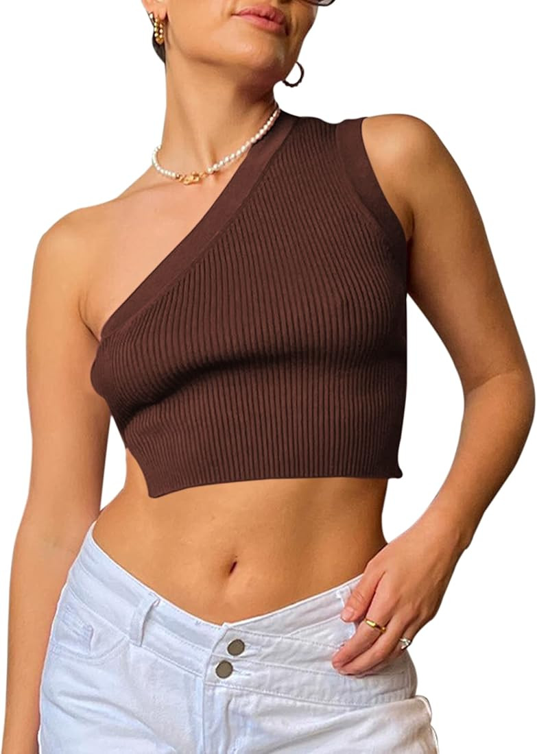 SAFRISIOR Women One Shoulder Backless Knitted Crop Top Sexy Sleeveless Strappy Open Back Cami Tan... | Amazon (US)