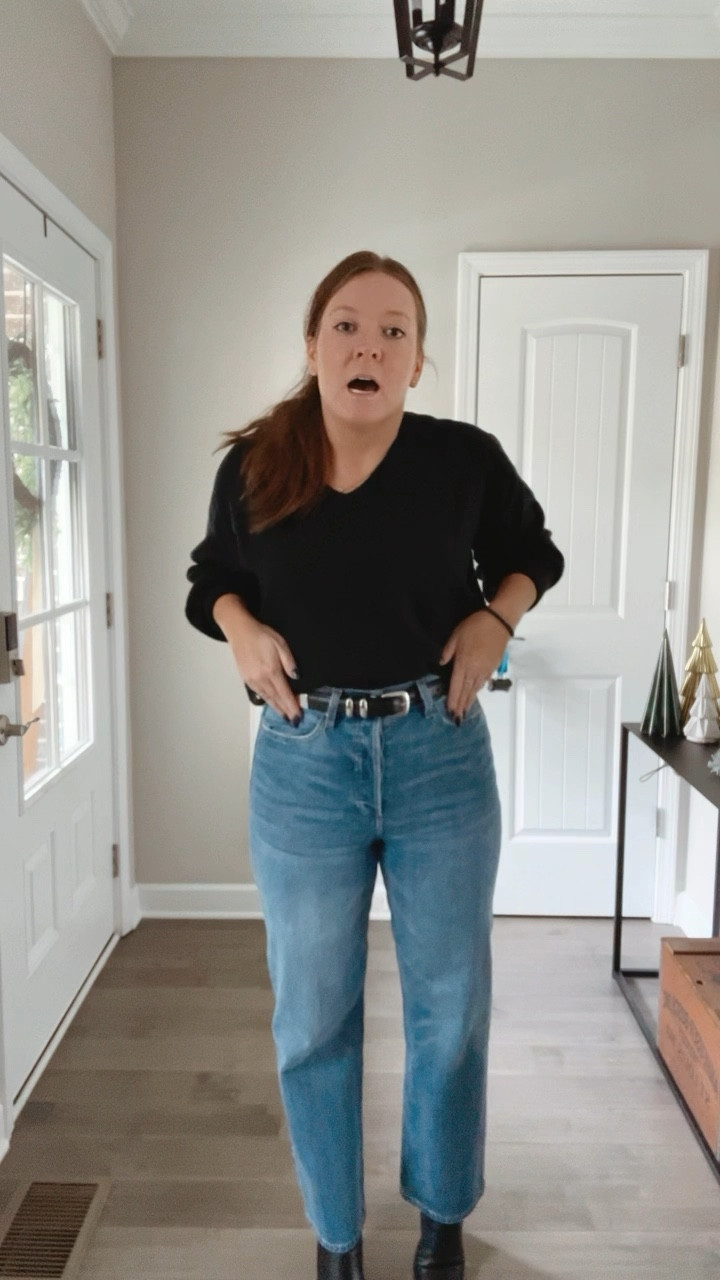 Black vneck sweater - super soft! Currently 30% off! - great gift idea. TTS I’m wearing a medium Straight leg
Straight leg jeans 
Black booties 
Black belt 

#LTKFindsUnder100 #LTKWatchNow #LTKSaleAlert