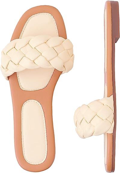 depdream Women's Flat Sandal Slip-on Square Open Toe Slides Slippers | Amazon (US)