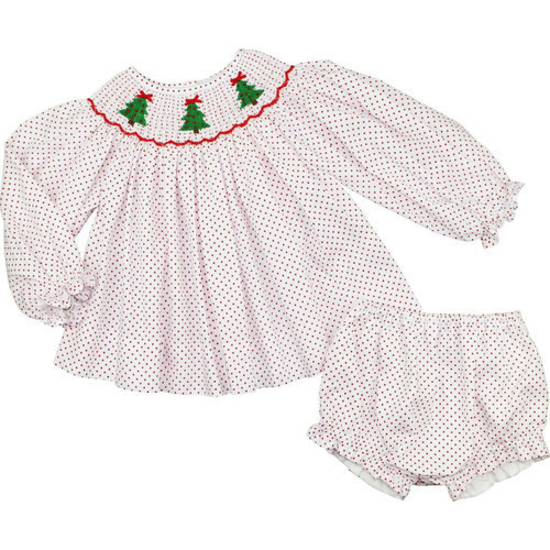 Red Dot Pique Smocked Christmas Tree Diaper Set | Cecil and Lou