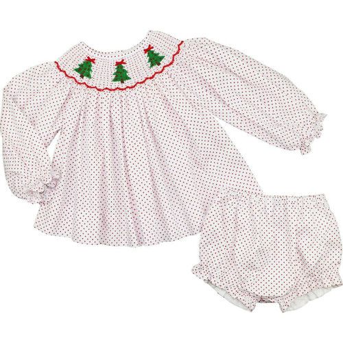 Red Dot Pique Smocked Christmas Tree Diaper Set | Cecil and Lou