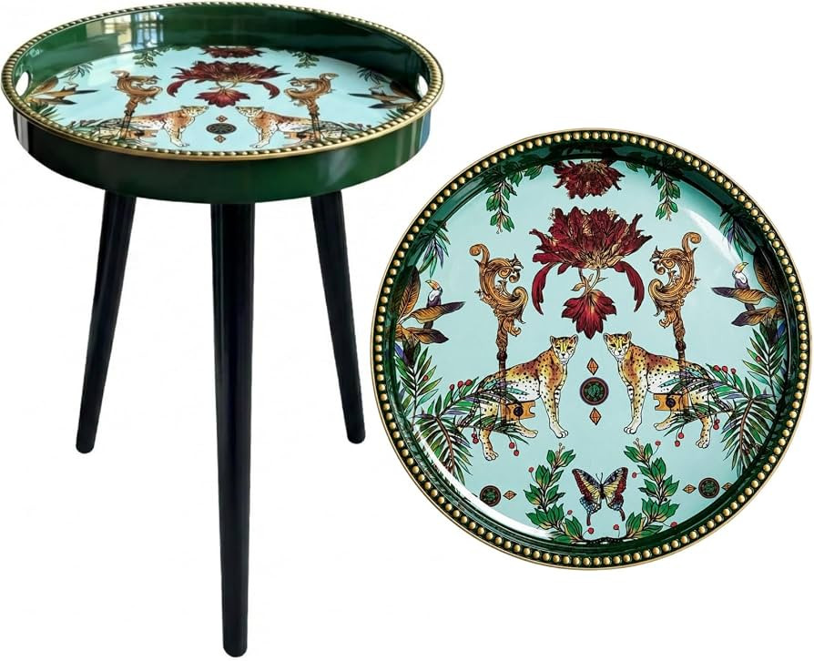 Small Round Side Table - 13 Inch Emerald Green Boho End Table with Vintage Cheetah Pattern Tray -... | Amazon (US)