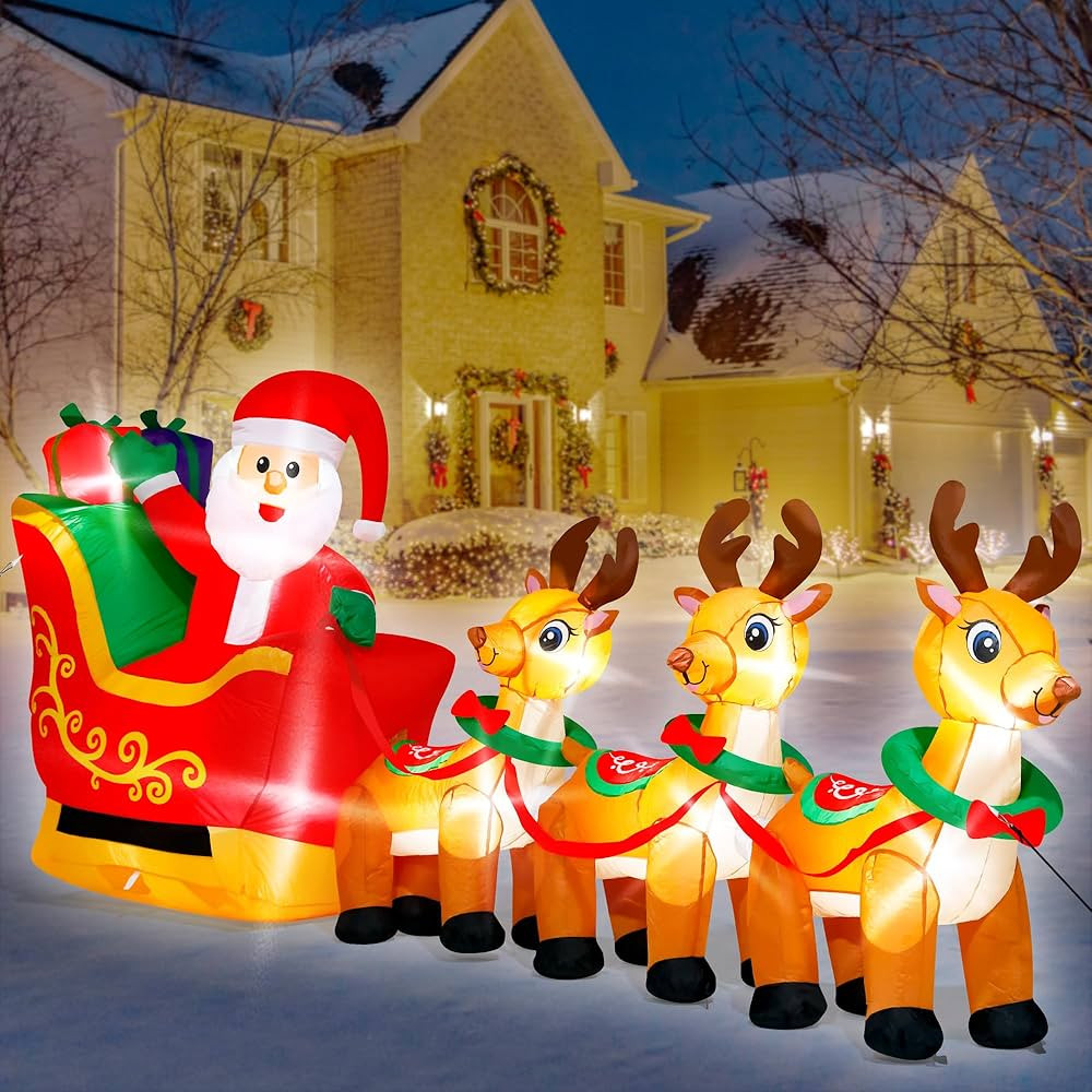 10FT Long Christmas Outdoor Inflatables, Blow Up Santa Claus on Sleigh with 3 Reindeers, Lighted ... | Amazon (US)