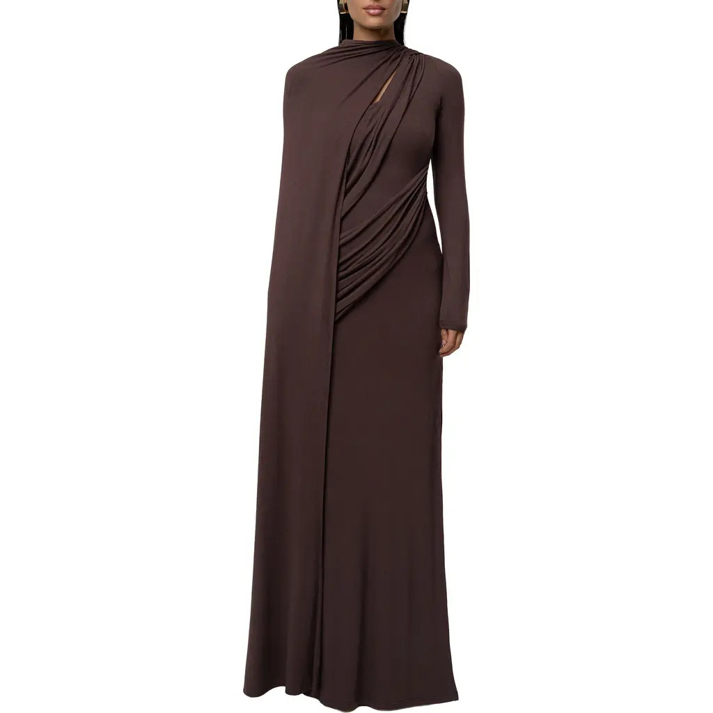 JLUXLABEL Draped Elegance Long Sleeve Gown in Brown at Nordstrom, Size Small | Nordstrom