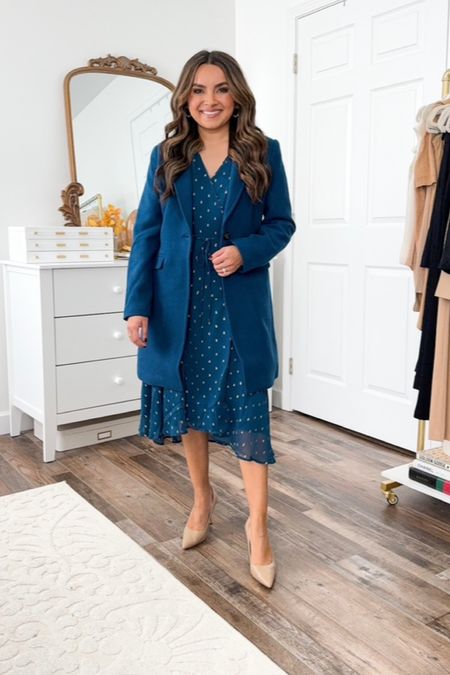 Blue wrap dress size 0 petite color sea storm TTS 
Blue Wool blend short coat size xxs petite color sea storm - size up one size if you like to button your coat over sweaters
Tan Heels size 5 TTS   

Fall Outfits 
Fall dresses 
Fall Fashion 
Boots 
Jeans 
Work wear 
Work outfits 

Honey Sweet Petite 
Honeysweetpetite

#LTKworkwear #LTKstyletip #LTKHoliday