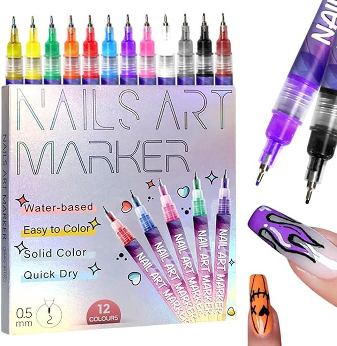 12 Colors Nail Art Pens Set, 2026 New Nail Marker, Fine Tip Nail Art Pen 0.5mm, Waterproof and Qu... | Amazon (US)