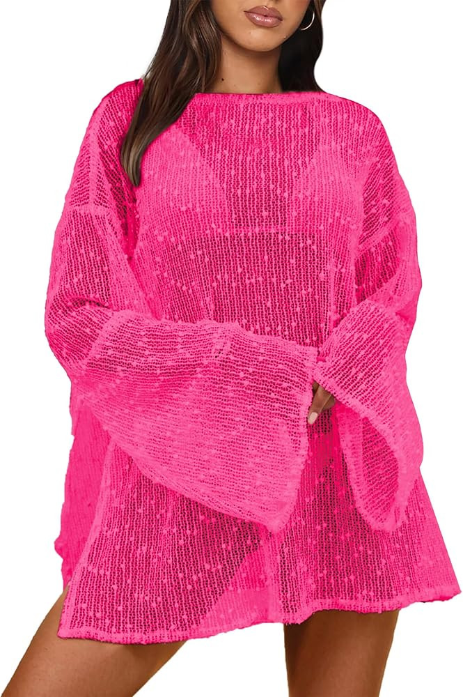 Crochet Swimsuit Coverup for Women Boat Neck Bathing Suit Cover Up 2026 Summer Sexy Beach Caftan ... | Amazon (US)