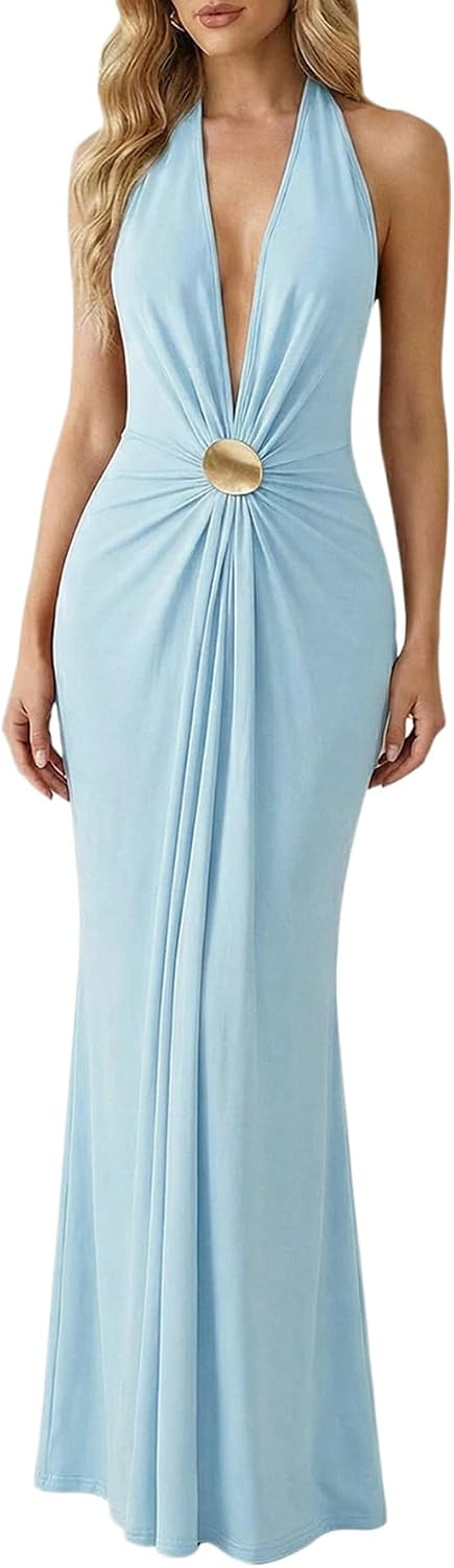 OYOANGLE Women's Halter Maxi Dress Deep V Neck Sexy Wedding Guest Dresses | Amazon (US)