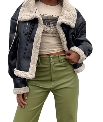 Sexyshine Women's Faux Shearing Fur Coat Winter Thick Lined Sherpa Faux Leather Jacket Moto Bomber Outerwear(26030BL,S) | Amazon (US)