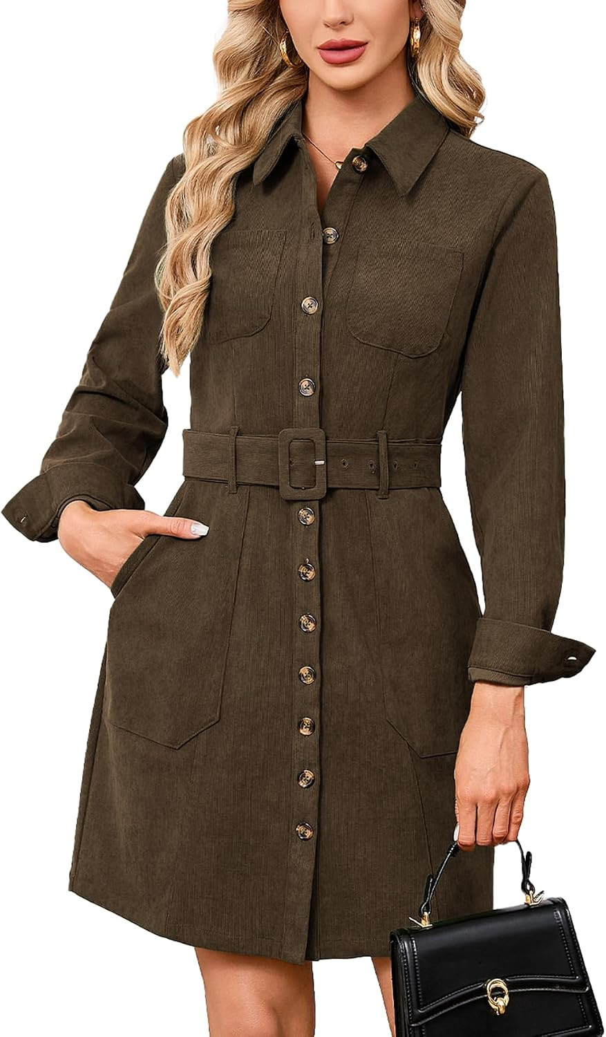 YEXPINE Women's Corduroy Mini Dress Belted Button Down Shirt Dress | Amazon (US)