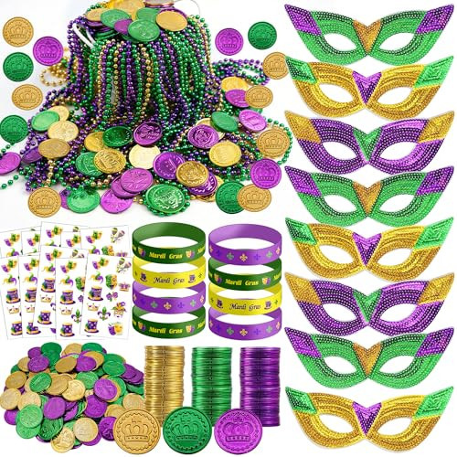 DMIGHT 232 PCS Mardi Gras Accessories - Masks bulk Beads Necklaces Coins Tattoos Carnival Parade Masquerade Party Decorations Supplies Party Favors | Amazon (US)