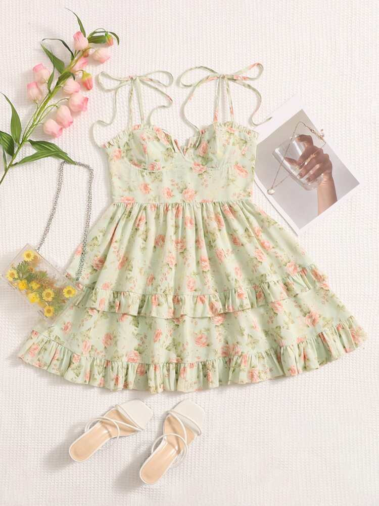 SHEIN MOD Allover Floral Print V Wired Tie Shoulder Ruffle Trim Bustier Cami Dress | SHEIN