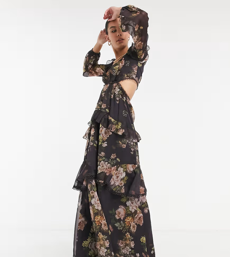 ASOS DESIGN Tall maxi dress with long sleeve and circle trim in floral print and embellishment in br | ASOS (Global)