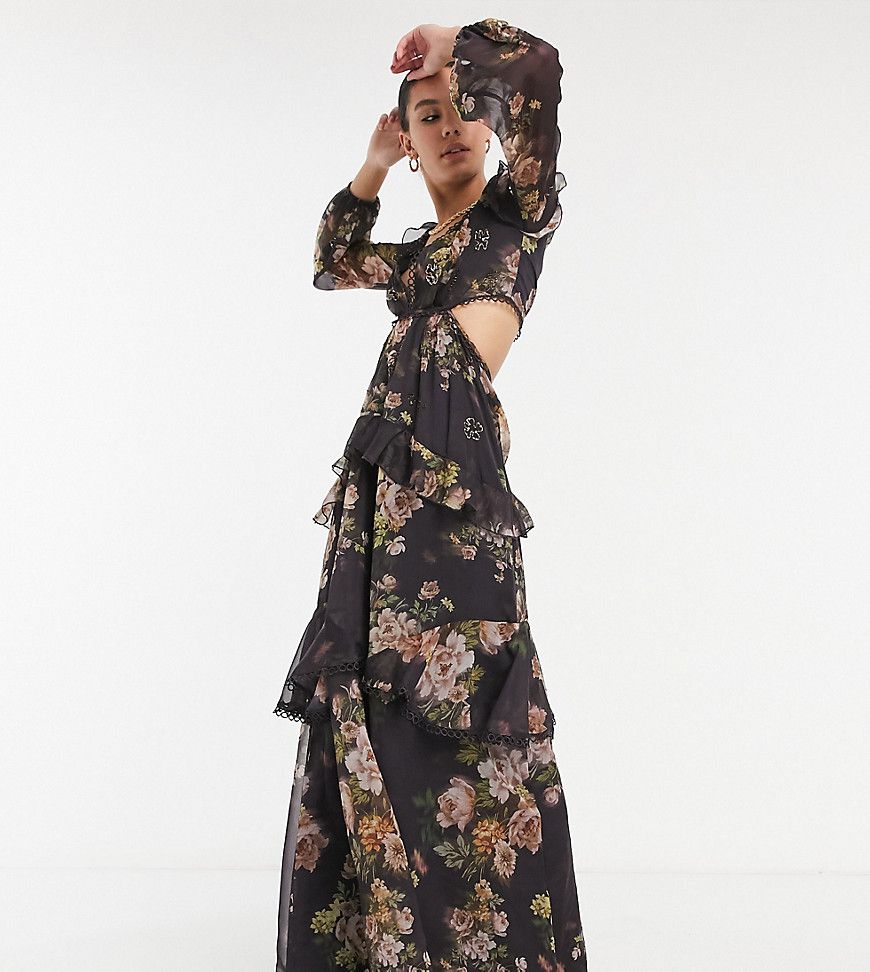 ASOS DESIGN Tall maxi dress with long sleeve and circle trim in floral print and embellishment in br | ASOS (Global)