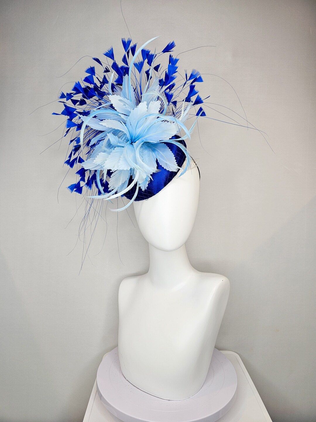 Kentucky Derby Hat Fascinator Royal Blue Satin With Turquoise Aqua Blue Feather Flower and Royal ... | Etsy (US)