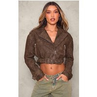 Brown Textured Faux Leather Quilted Detail Cropped Biker Jacket | PrettyLittleThing US
