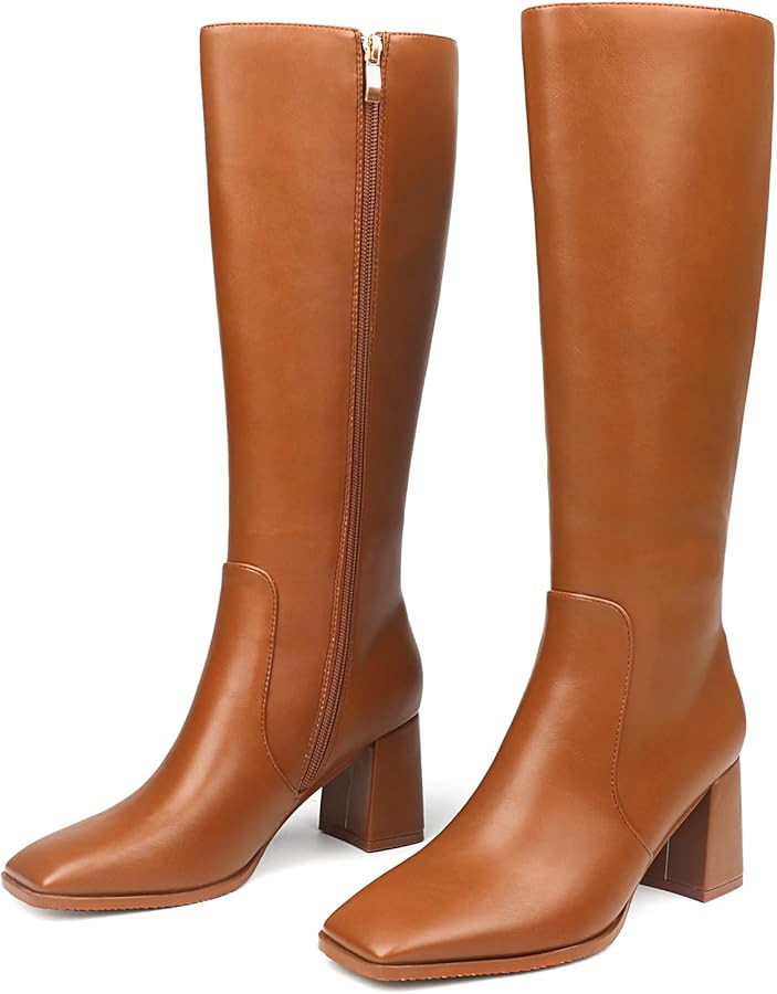 JOY IN LOVE Knee High Boots Women Chunky Block Heel Square Toe Zipper Boots | Amazon (US)