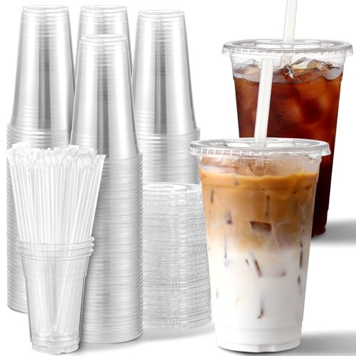AOZITA [100 Sets] 16 oz Clear Plastic Cups With Lids and Straws, Disposable Cups With Lids for Iced Coffee, Smoothie, Milkshake and Cold Drinks (New-16-100) | Amazon (US)