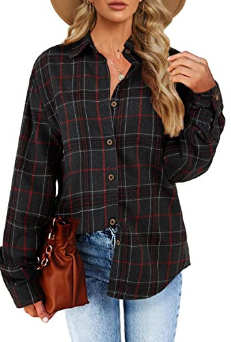Womens Long Sleeve Plaid Shirts Flannel Collared Button Down Shackets Casual Rolled Up Boyfriend ... | Amazon (US)
