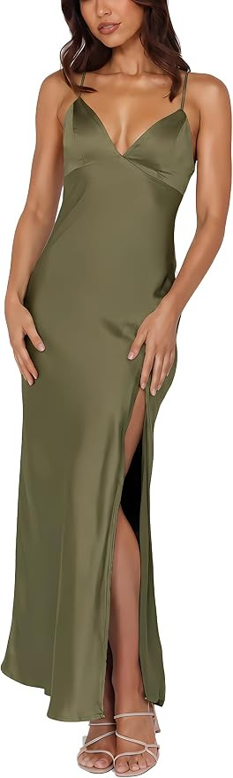Summer Satin Spaghetti Strap Backless Maxi Dress for Women Formal Silk Tie Back Wedding Guest Dre... | Amazon (US)