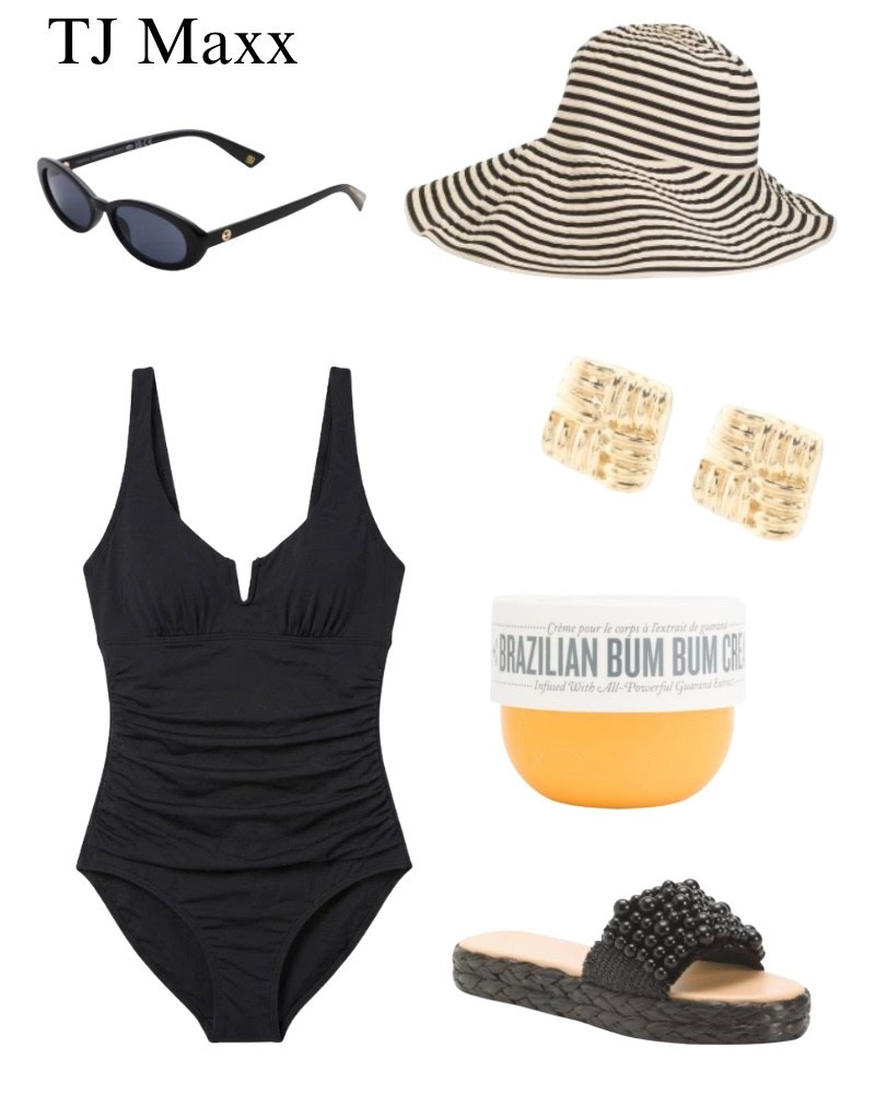 TJ Maxx beach finds, summer, pool, black one piece swimsuit, sandals, cat eye sunglasses, bum bum cream on sale, gold earrings, striped sun hat.

#LTKSaleAlert #LTKSeasonal #LTKSwim
