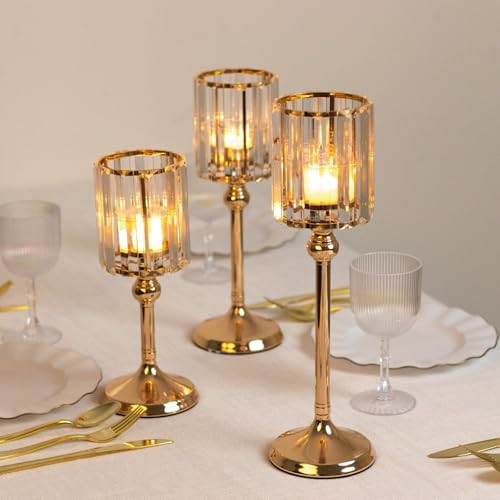Efavormart Set of 3 Crystal Pendant Hurricane Candle Holders in Gold, Elegant Cylindrical Design for Pillar Candles, Decorative Table Centerpieces - 11",13",15" | Amazon (US)
