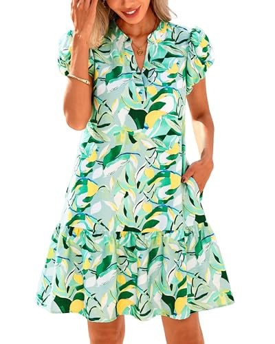dowerme Womens Summer Dresses 2026 Puffy Sleeve V Neck Loose Floral Print A Line Boho Mini Babydoll Dress with Pockets(Green,Large) | Amazon (US)