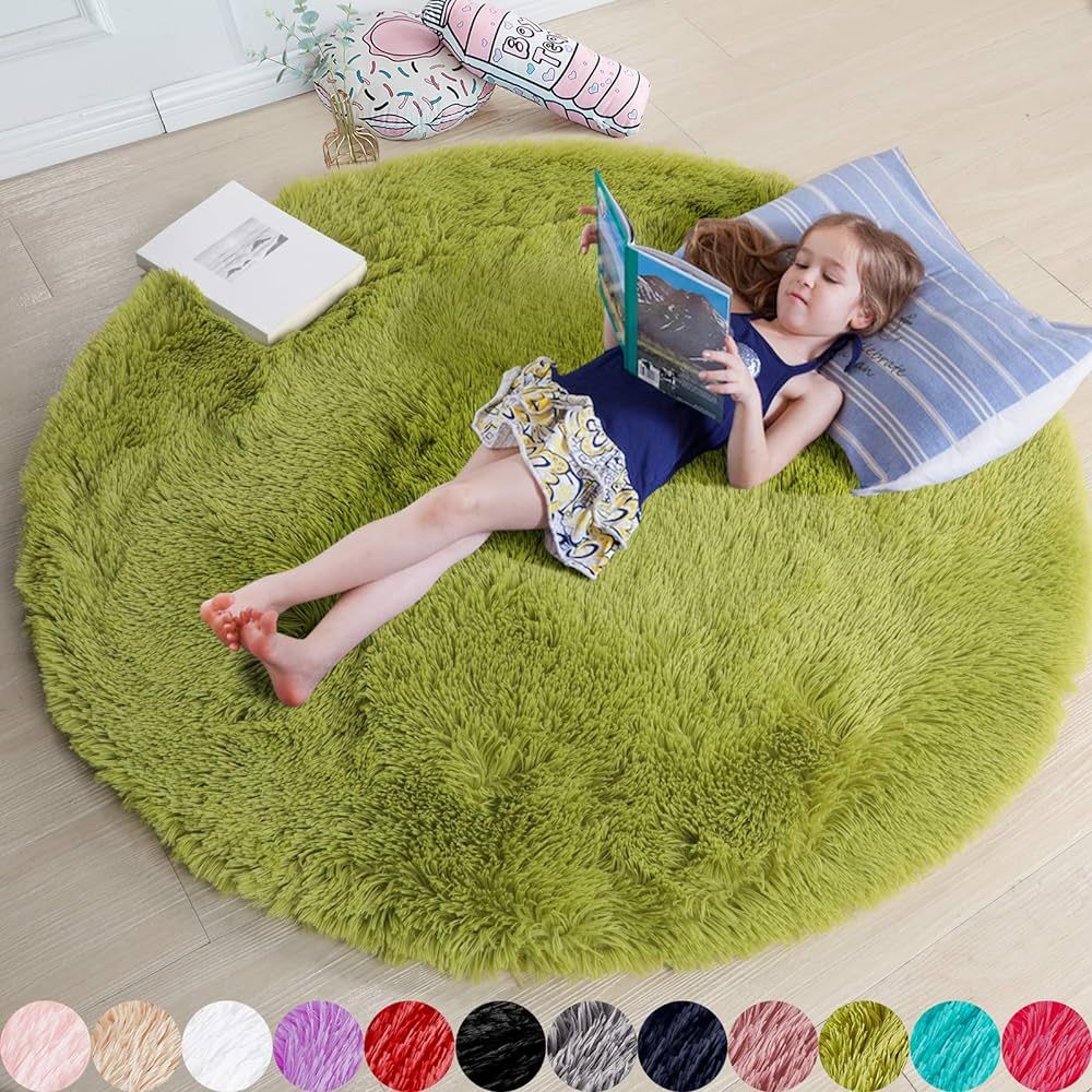 Grass Green Round Rug for Bedroom,Fluffy Circle Rug 4'X4' for Kids Room,Furry Carpet for Teen's R... | Amazon (US)