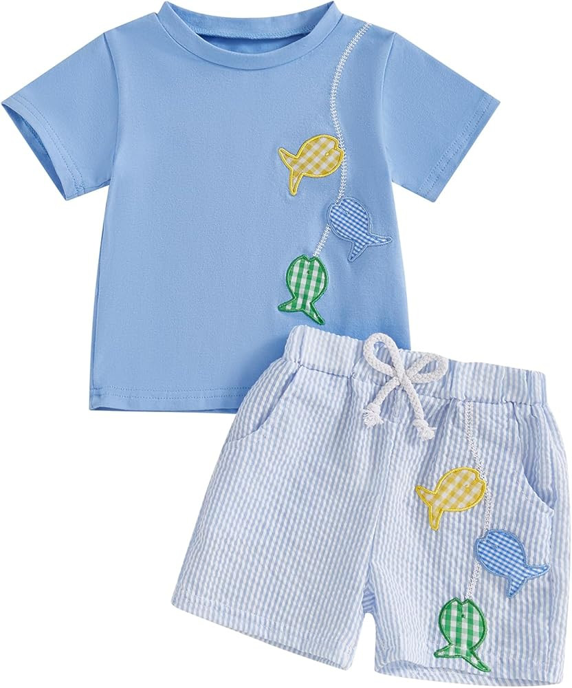 Kavousa Toddler Boy Summer Outfits Baby Boy Animal Print Short Sleeves T-Shirt Plaid Shorts Set I... | Amazon (US)