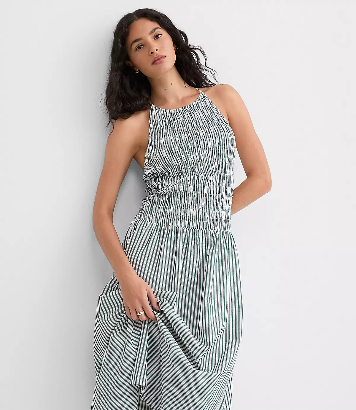 Striped Smocked Halter Midi Pocket Dress | LOFT