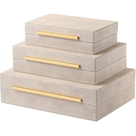Elegant Set of 3 Ivory Shagreen Decorative Boxes with Velvet Lining and Golden Handles - Versatil... | Amazon (US)