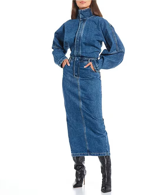 Sebastian Denim Point Collar Neck Long Dolman Sleeve Pocketed Midi Shirt Dress | Dillard's