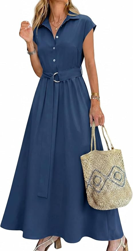 Wenrine Womens Summer Shirt Dress Button Short Sleeve Flowy Maxi Dresses | Casual,Loose,A Line,Sw... | Amazon (US)