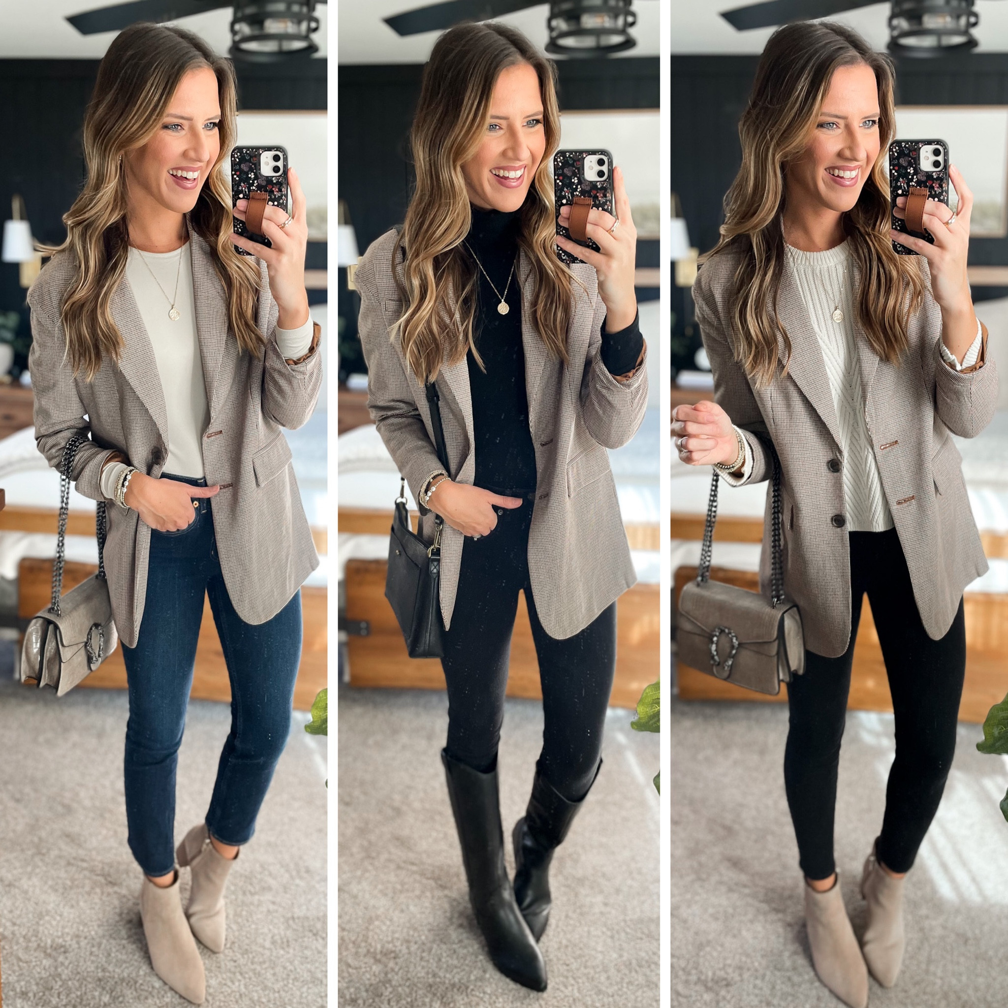 Winter Capsule Wardrobe 

Blazer (size down, I’m in a xs) 
Cream bodysuit (small regular) 
Dark wash jeans (27 long) 
Black turtleneck (medium) 
Black skinny jeans (27 regular) 
White sweater (medium) 